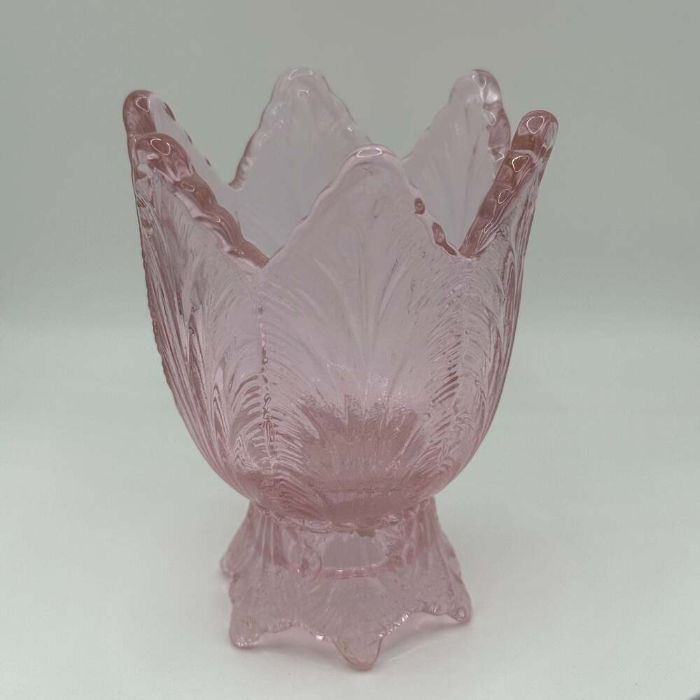 Fenton Pink Rosaline Glass Acanthus Leaf Footed Rose Bowl Vase